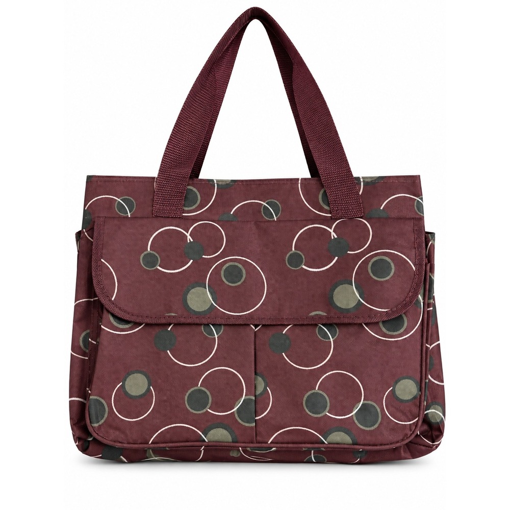 Burgundy Geometric Print Utility Tote Bag Organizer Multi Pocket Shoulder Bag